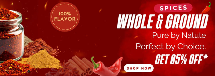 A promotional banner for spices featuring a glass jar of red chili powder, loose red and yellow spices, cinnamon sticks, and chili peppers on a dark red background with text reading 'SPICES WHOLE & GROUND', '100% FLAVOR', and 'SHOP NOW'.